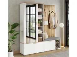Guarda-roupa/cabideiro - 160 x 38 x 180 cm - com armário e banco para sapatos + varão para pendurar roupas + 4 ganchos + espelho + portas - aglomerado - branco