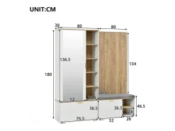Guarda-roupa/cabideiro - 160 x 38 x 180 cm - com armário e banco para sapatos + varão para pendurar roupas + 4 ganchos + espelho + portas - aglomerado - branco