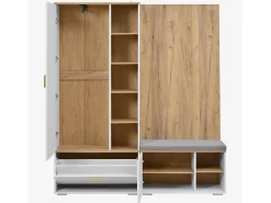 Guarda-roupa/cabideiro - 160 x 38 x 180 cm - com armário e banco para sapatos + varão para pendurar roupas + 4 ganchos + espelho + portas - aglomerado - branco