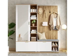 Guarda-roupa/cabideiro - 160 x 38 x 180 cm - com armário e banco para sapatos + varão para pendurar roupas + 4 ganchos + espelho + portas - aglomerado - branco
