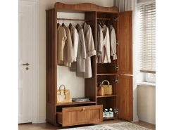 Guarda-roupa/closet moderno e compacto - 115,5 x 38,5 x 194,5 cm - com espelho + espaço aberto para pendurar roupas + gaveta + 2 portas - MDF - marrom