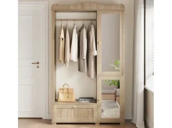Guarda-roupa/closet moderno e compacto - 115,5 x 38,5 x 194,5 cm - com espelho + espaço aberto para pendurar roupas + gaveta + 2 portas - MDF - cor natural