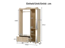 Guarda-roupa/closet moderno e compacto - 115,5 x 38,5 x 194,5 cm - com espelho + espaço aberto para pendurar roupas + gaveta + 2 portas - MDF - cor natural