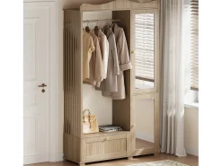 Guarda-roupa/closet moderno e compacto - 115,5 x 38,5 x 194,5 cm - com espelho + espaço aberto para pendurar roupas + gaveta + 2 portas - MDF - cor natural