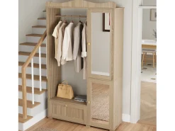 Guarda-roupa/closet moderno e compacto - 115,5 x 38,5 x 194,5 cm - com espelho + espaço aberto para pendurar roupas + gaveta + 2 portas - MDF - cor natural