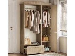 Guarda-roupa/closet moderno e compacto - 115,5 x 38,5 x 194,5 cm - com espelho + espaço aberto para pendurar roupas + gaveta + 2 portas - MDF - cor natural
