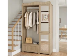 Guarda-roupa/closet moderno e compacto - 115,5 x 38,5 x 194,5 cm - com espelho + espaço aberto para pendurar roupas + gaveta + 2 portas - MDF - cor natural