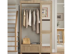 Guarda-roupa/closet moderno e compacto - 115,5 x 38,5 x 194,5 cm - com espelho + espaço aberto para pendurar roupas + gaveta + 2 portas - MDF - cor natural
