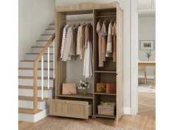 Guarda-roupa/closet moderno e compacto - 115,5 x 38,5 x 194,5 cm - com espelho + espaço aberto para pendurar roupas + gaveta + 2 portas - MDF - cor natural