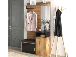 Hall de Entrada com Espelho e Móvel para Sapatos - Natural & Preto - Espaçoso e Elegante