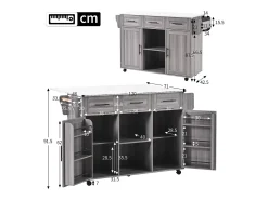 Ilha central de cozinha com 3 gavetas e portas de armazenamento - Tampo extensível - Pés em rodas ou em madeira - Cinza