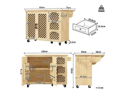 Ilha de cozinha com 2 portas e 3 gavetas, tampo extensível, padrão axadrezado, cor natural.