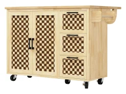 Ilha de cozinha com 2 portas e 3 gavetas, tampo extensível, padrão axadrezado, cor natural.