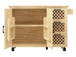Ilha de cozinha com 2 portas e 3 gavetas, tampo extensível, padrão axadrezado, cor natural.