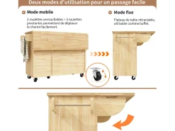 Ilha de cozinha com 2 portas e 3 gavetas, tampo extensível, padrão axadrezado, cor natural.