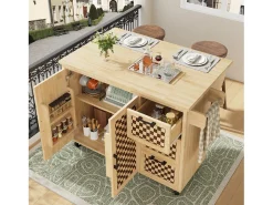 Ilha de cozinha com 2 portas e 3 gavetas, tampo extensível, padrão axadrezado, cor natural.