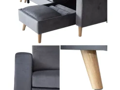 JAMES Sofá-cama de canto de 3 lugares em veludo cinzento