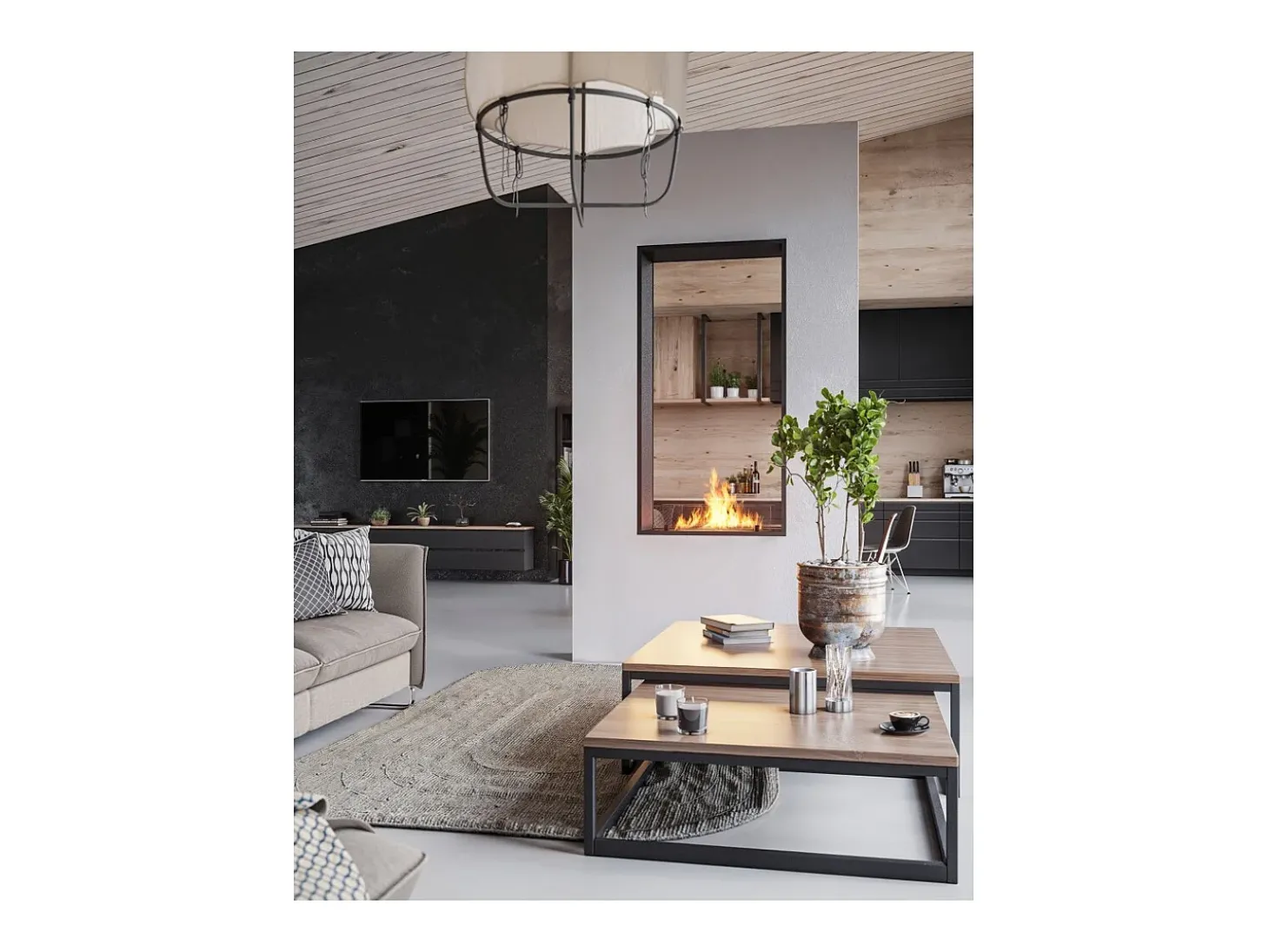Lareira a Bioetanol 2 Lados 1600 Slim Vert Embutida com Duas Frentes - Preto Fosco, com Vidro, Queimador de 1,2L, Design Moderno