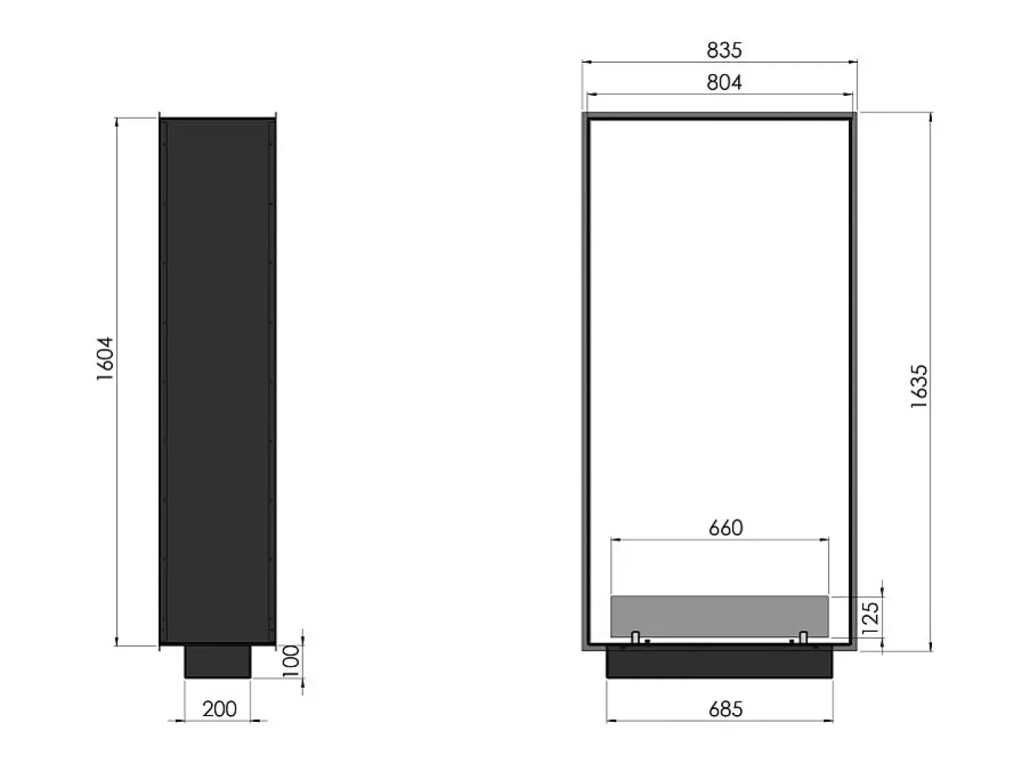 Lareira a Bioetanol 2 Lados 1600 Slim Vert Embutida com Duas Frentes - Preto Fosco, com Vidro, Queimador de 1,2L, Design Moderno