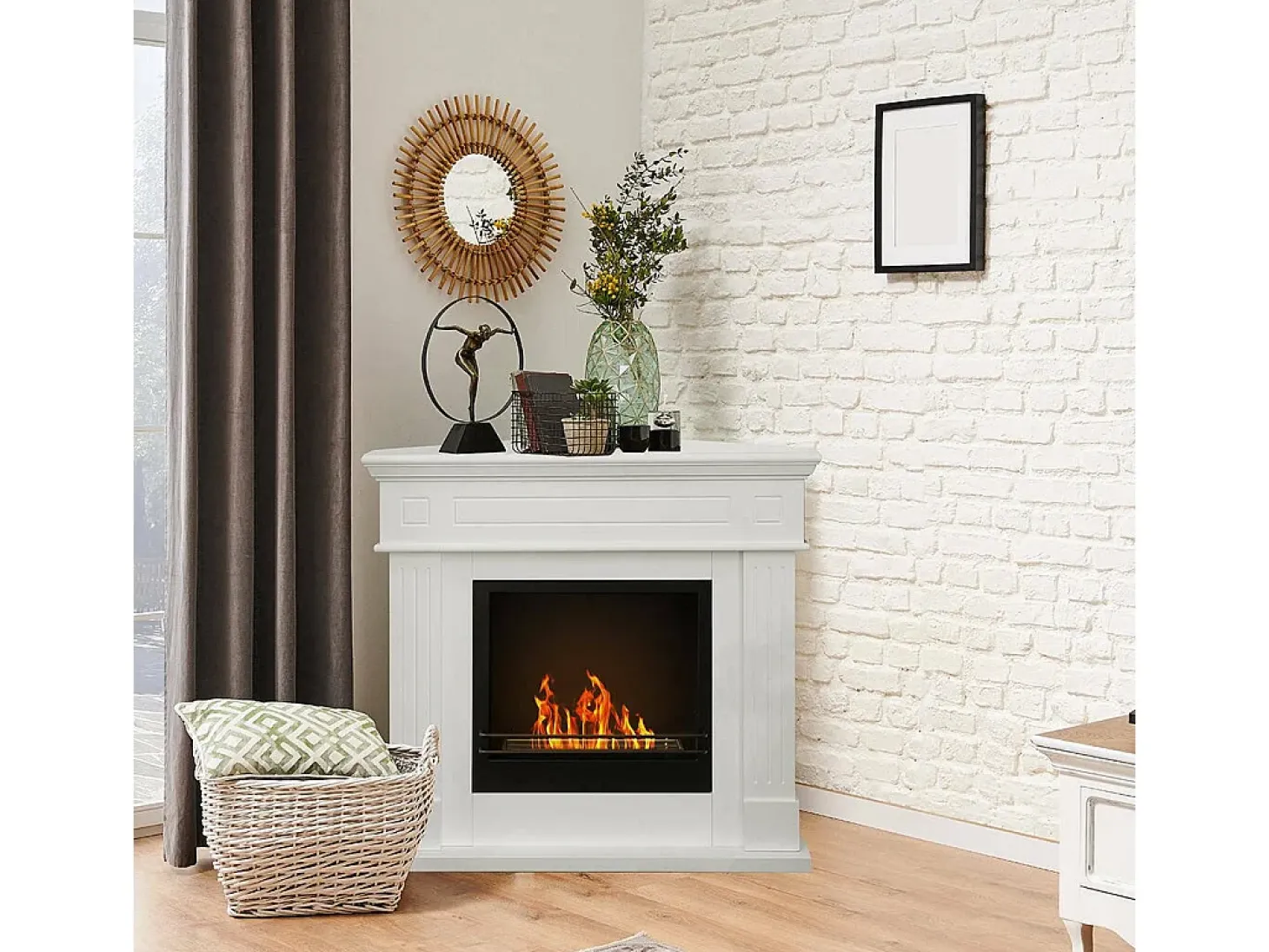 Lareira a bioetanol Irazu, Lareira ecológica, Lareira sem fumo, Aquecedor a etanol, Fabricado em Itália, 63x110 h102 cm, Branco