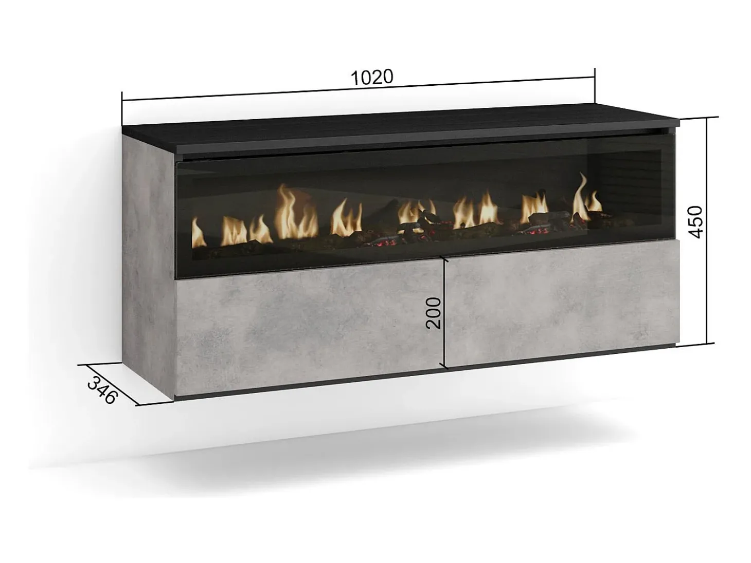 Lareira eléctrica LED, 102x35x45cm, 1 abertura, 1 porta, Lareira eléctrica, Suspensos, Cimento