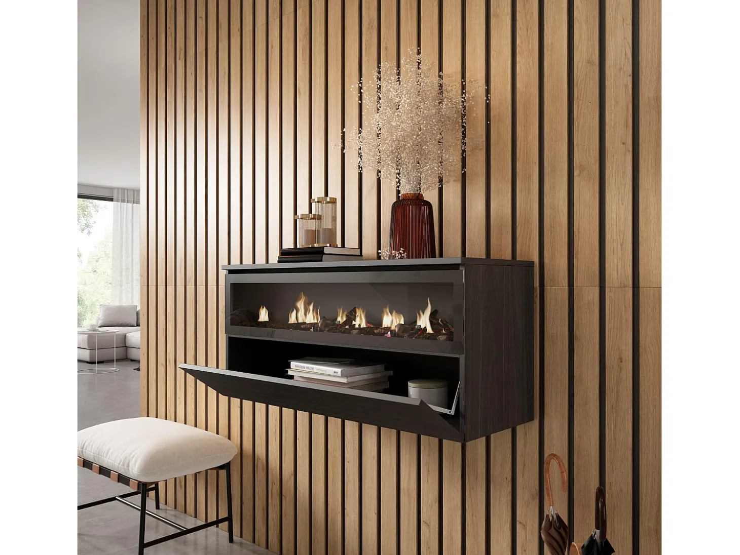 Lareira eléctrica LED, 102x35x45cm, 1 abertura, 1 porta, Lareira eléctrica, Suspensos, Preto