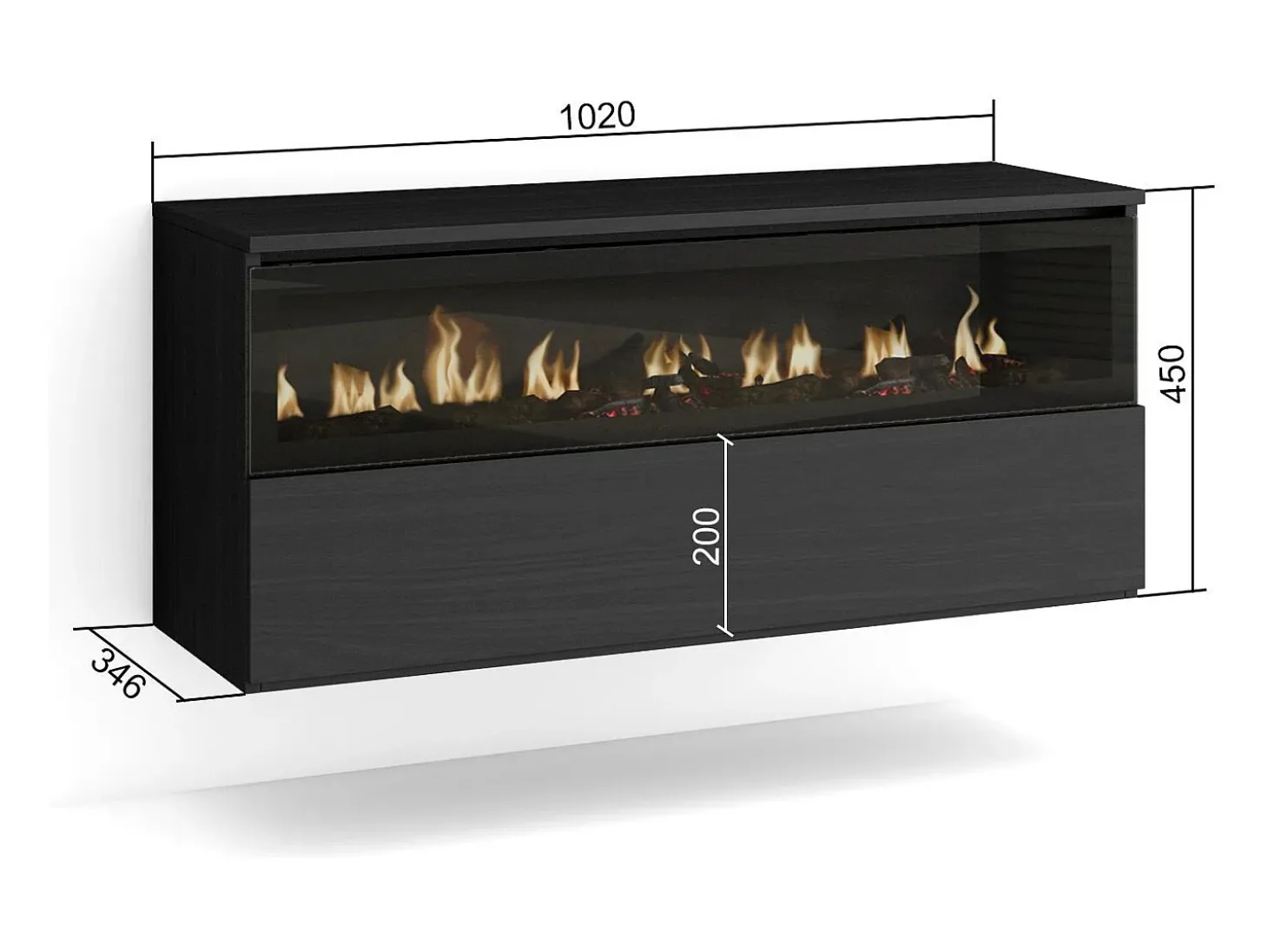 Lareira eléctrica LED, 102x35x45cm, 1 abertura, 1 porta, Lareira eléctrica, Suspensos, Preto