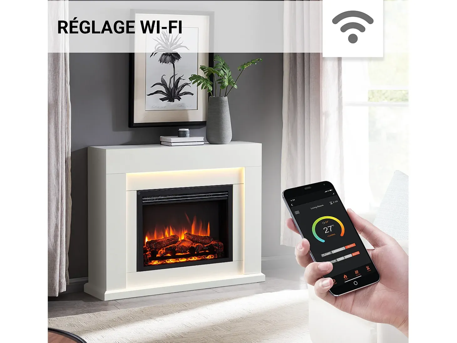 Lareira elétrica BALDERIA Elektra ñEfeito de chama 3D, iluminação LED, potência de aquecimento 1ñ2 kW, comando à distância - Branco