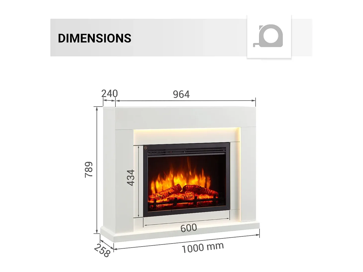 Lareira elétrica BALDERIA Elektra ñEfeito de chama 3D, iluminação LED, potência de aquecimento 1ñ2 kW, comando à distância - Branco