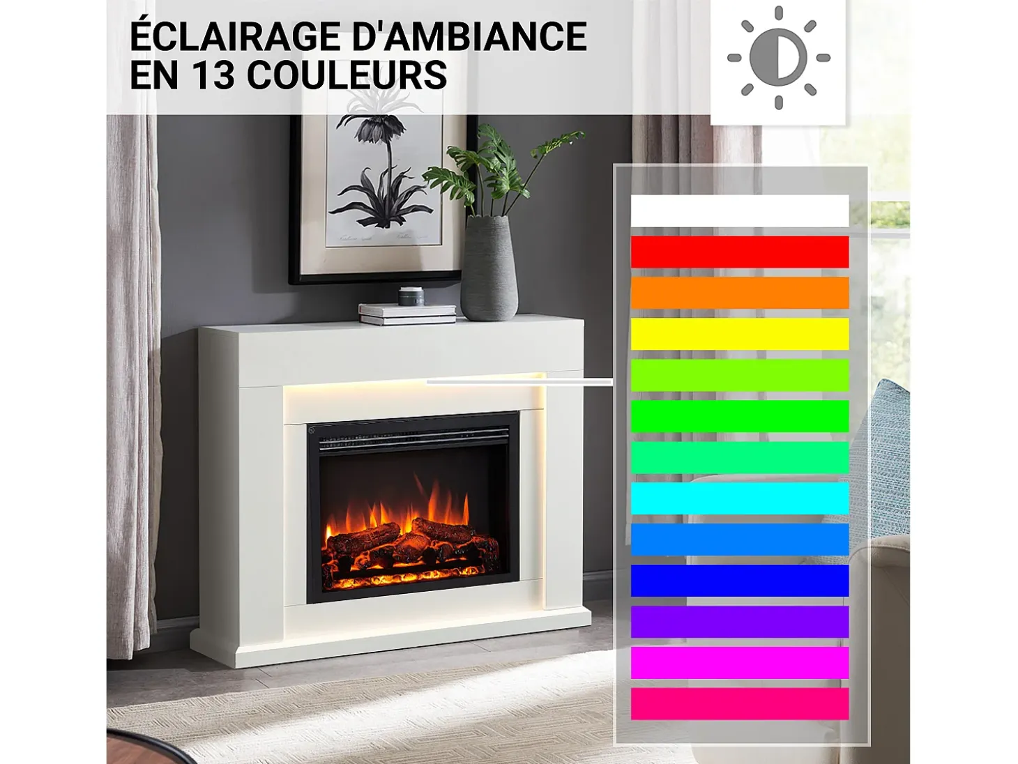 Lareira elétrica BALDERIA Elektra ñEfeito de chama 3D, iluminação LED, potência de aquecimento 1ñ2 kW, comando à distância - Branco
