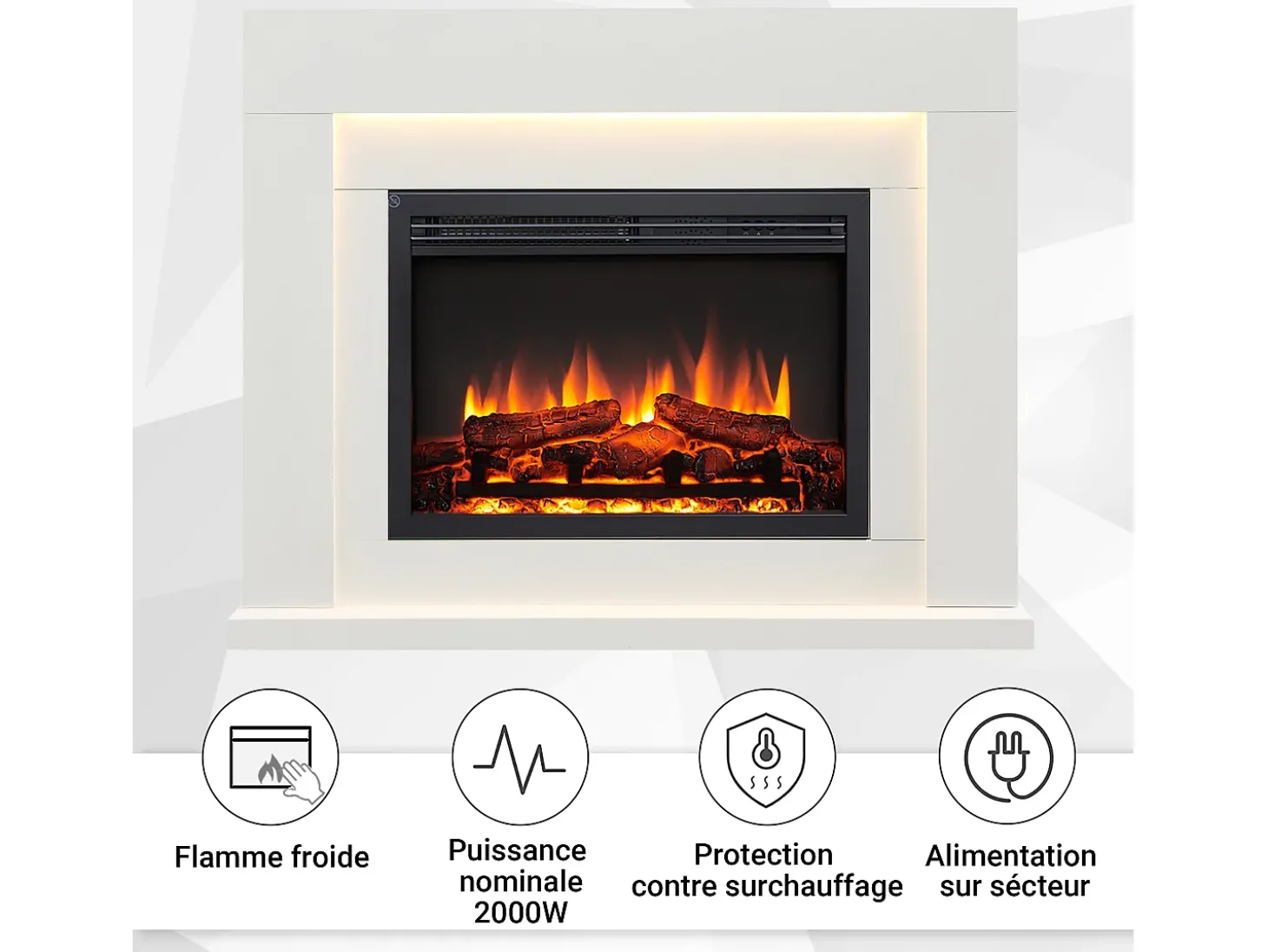 Lareira elétrica BALDERIA Elektra ñEfeito de chama 3D, iluminação LED, potência de aquecimento 1ñ2 kW, comando à distância - Branco