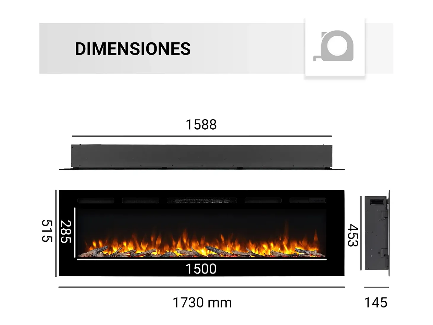 Lareira elétrica BALDERIA Fiamma 68 - Lareira embutida, aquecimento 2000 W - Preto