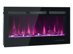 Lareira elétrica com 12 cores de chama - Montagem na parede ou embutida - Preta 106,5×46,5×12