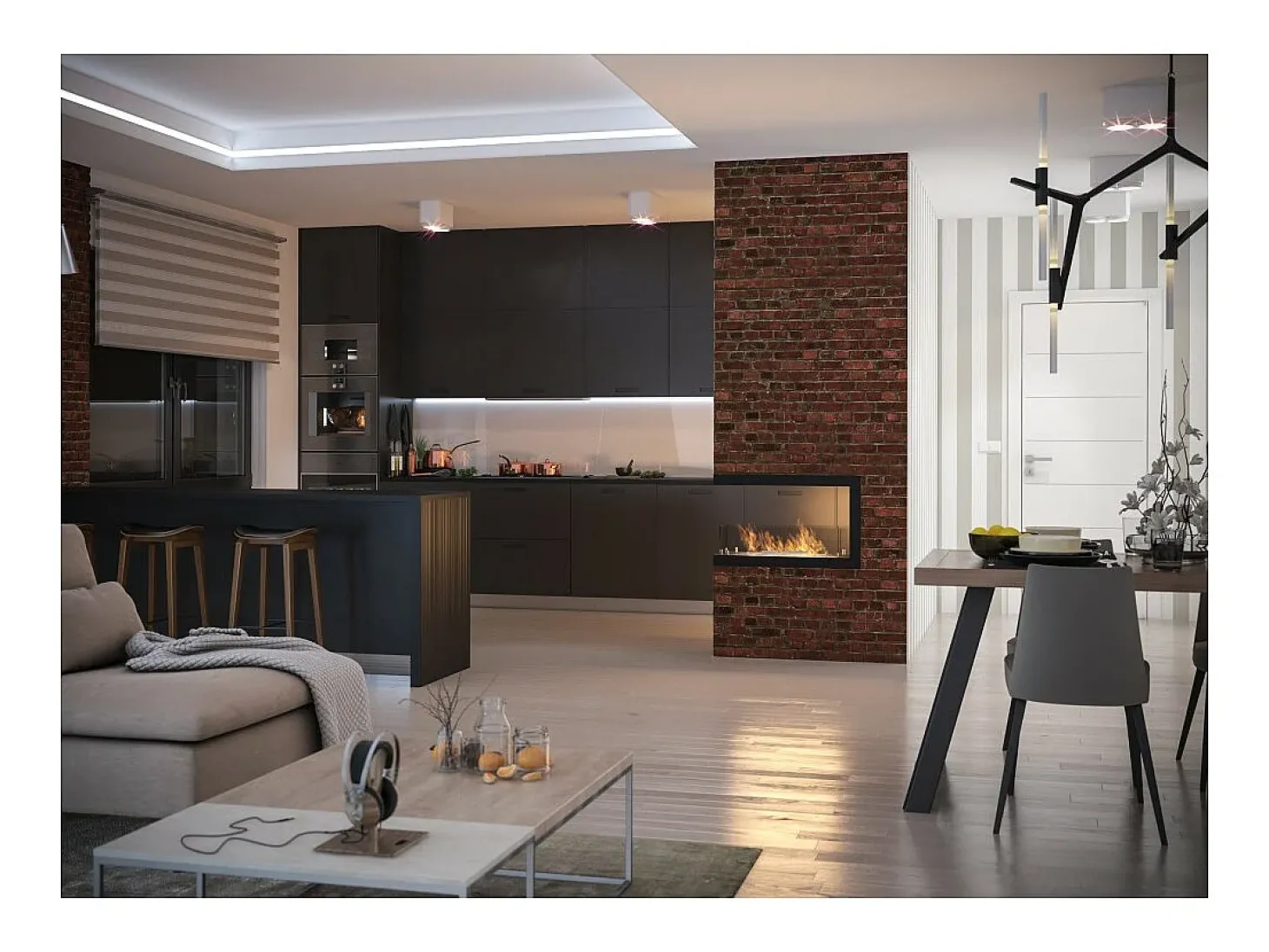 Lareira embutida a bioetanol design U800 com vidro aberto em 3 lados, queimador de 0,7 litros