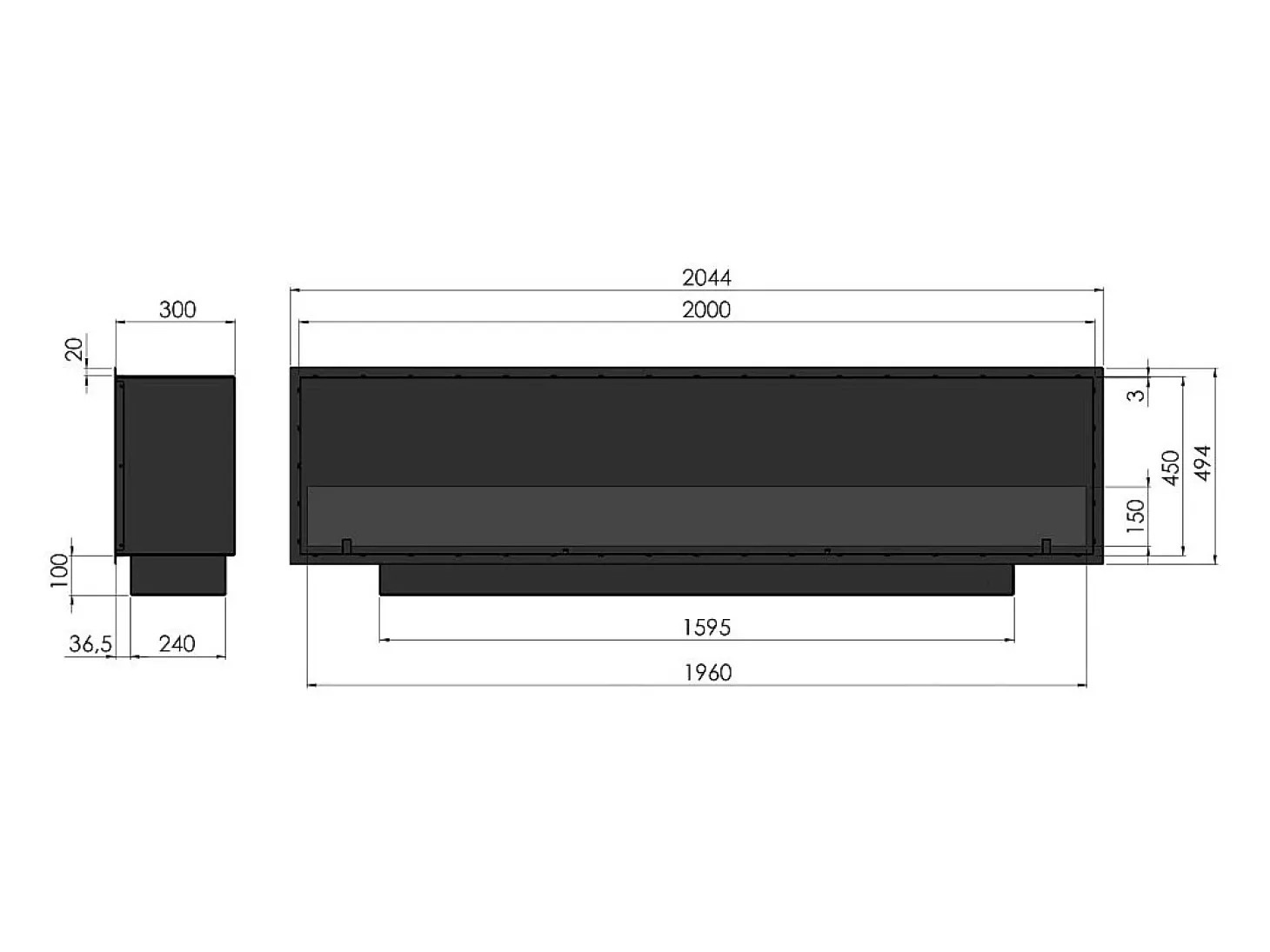 Lareira embutida a bioetanol Inside Black 2000 - Preto fosco, com vidro, queimador de 6 L, design moderno