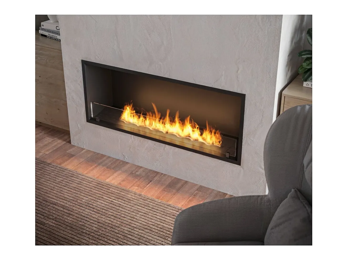 Lareira embutida a bioetanol Inside Black 1200 - Preto fosco, com vidro, queimador de 4 litros, design moderno