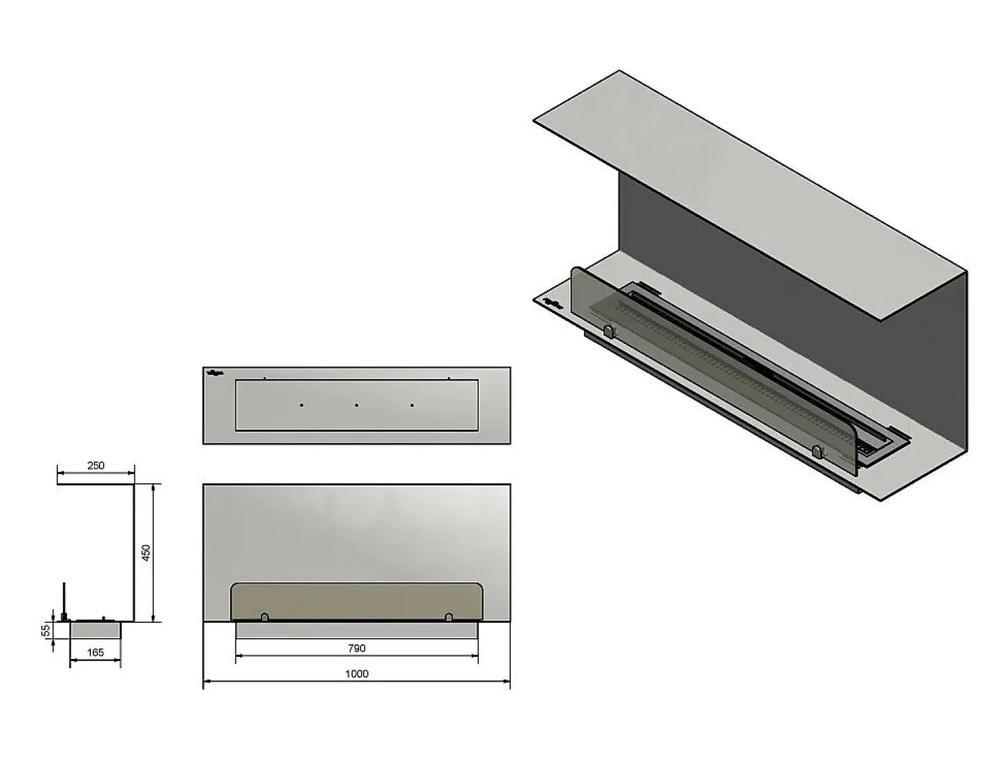 Lareira embutida a bioetanol Design C1000 V.1 com vidro aberto em 3 lados e queimador de 2 litros