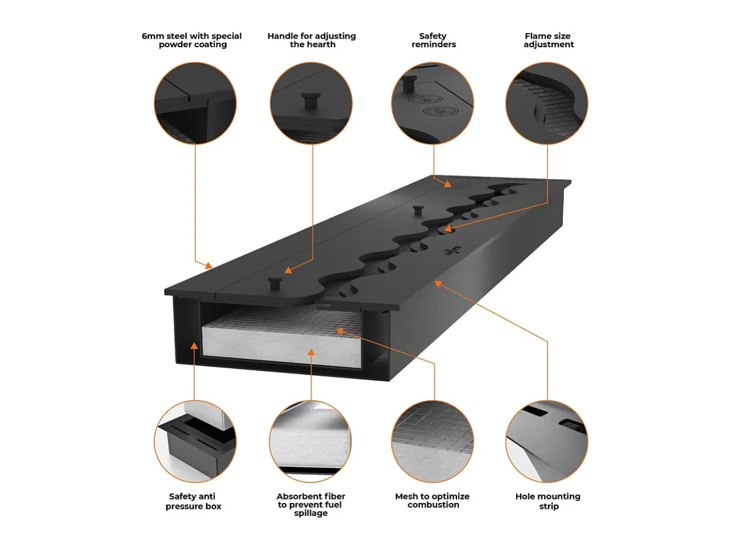 Lareira embutida a bioetanol Inside Black 800 - Preto fosco, com vidro, queimador de 1L, design moderno