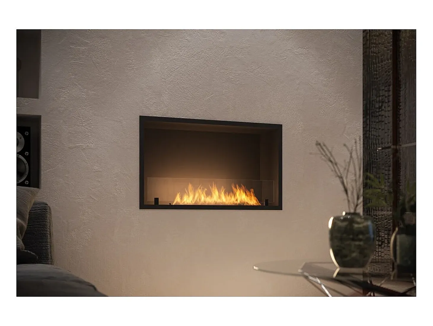 Lareira embutida a bioetanol Inside Black 800 - Preto fosco, com vidro, queimador de 1L, design moderno