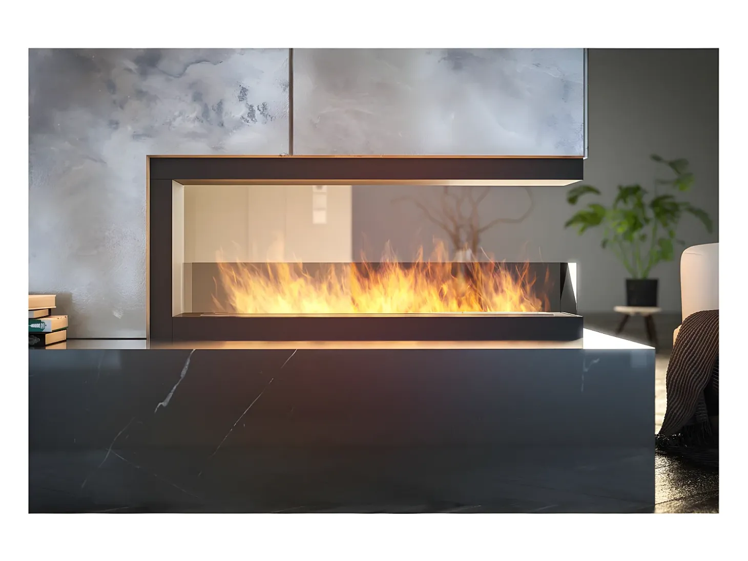 Lareira embutida a bioetanol design U1200 com vidro aberto em 3 lados Queimador de 3 litros