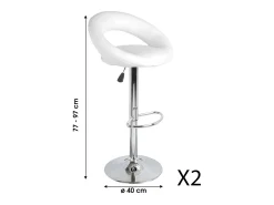 Lot de 2 tabourets de bar réglables en hauteur 77-97 cm – Assise simili cuir PU blanc, pied en métal gris, diamètre 40 cm