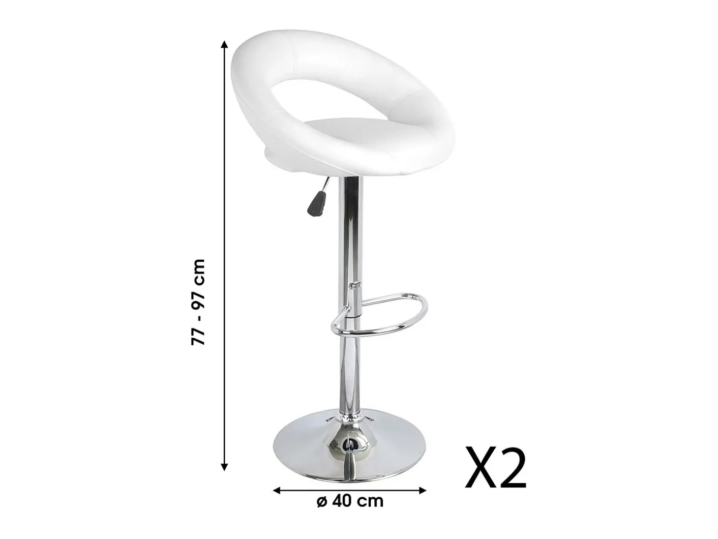 Lot de 2 tabourets de bar réglables en hauteur 77-97 cm – Assise simili cuir PU blanc, pied en métal gris, diamètre 40 cm