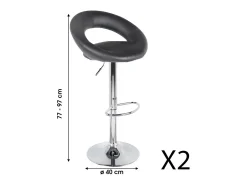 Lot de 2 tabourets de bar réglables en hauteur 77-97 cm – Assise simili cuir PU noir, pied en métal gris, diamètre 40 cm