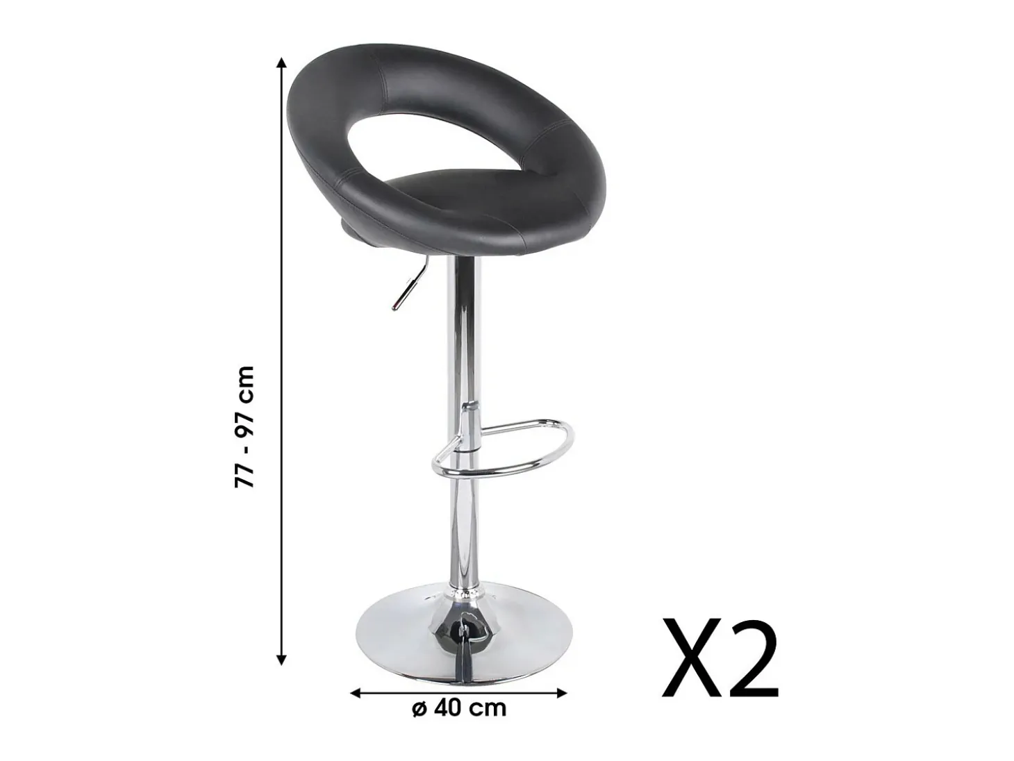 Lot de 2 tabourets de bar réglables en hauteur 77-97 cm – Assise simili cuir PU noir, pied en métal gris, diamètre 40 cm