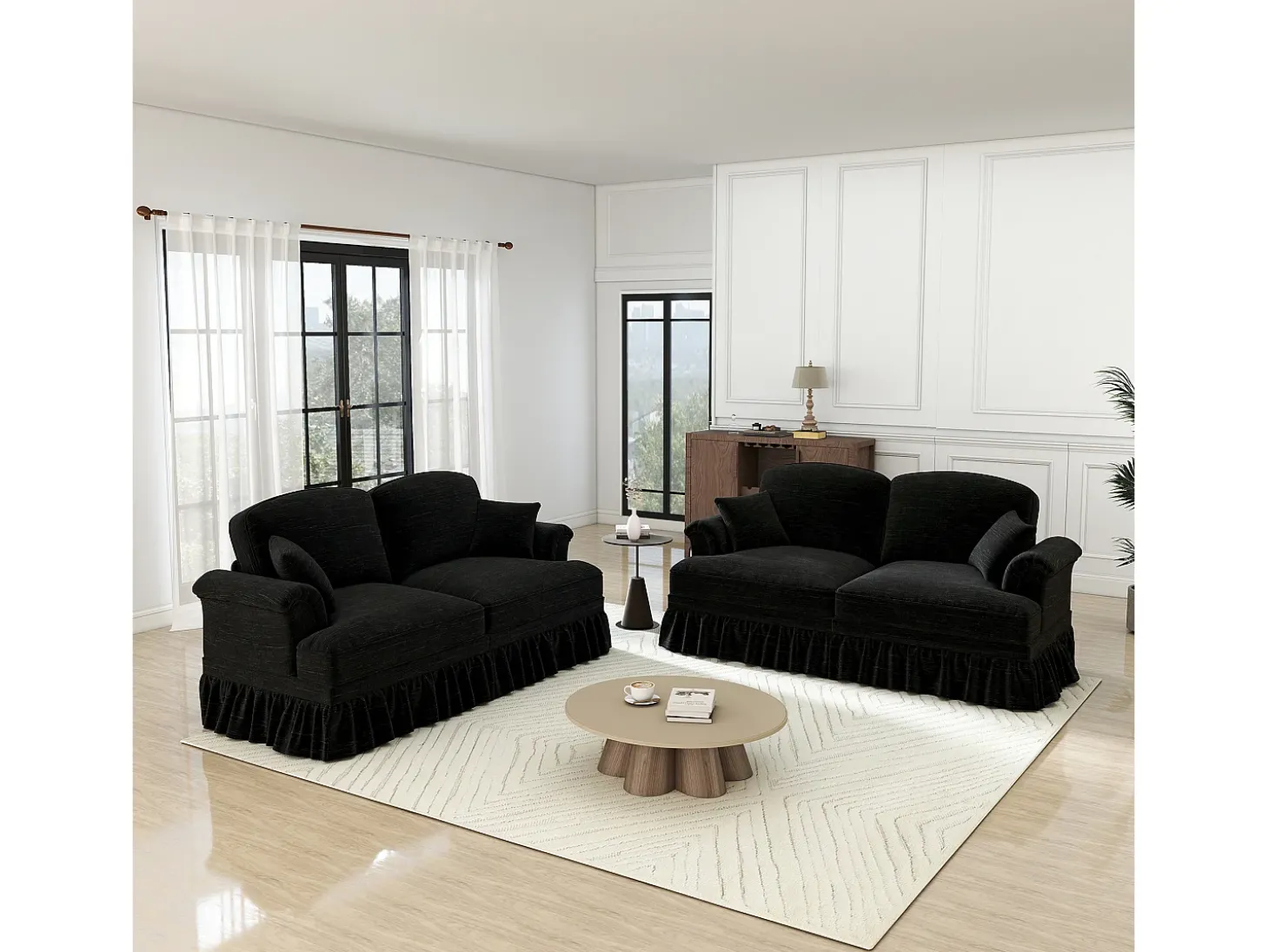 Lote 2 Sofás Chenille 2 Lugares - Capa Removível e 4 Almofadas - 194x83.5x93cm - Preto