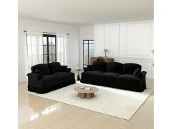 Lote 2 Sofás Modulares Chenille 2+3 Lugares - Capa Removível e 5 Almofadas - 58cm Prof. - Preto