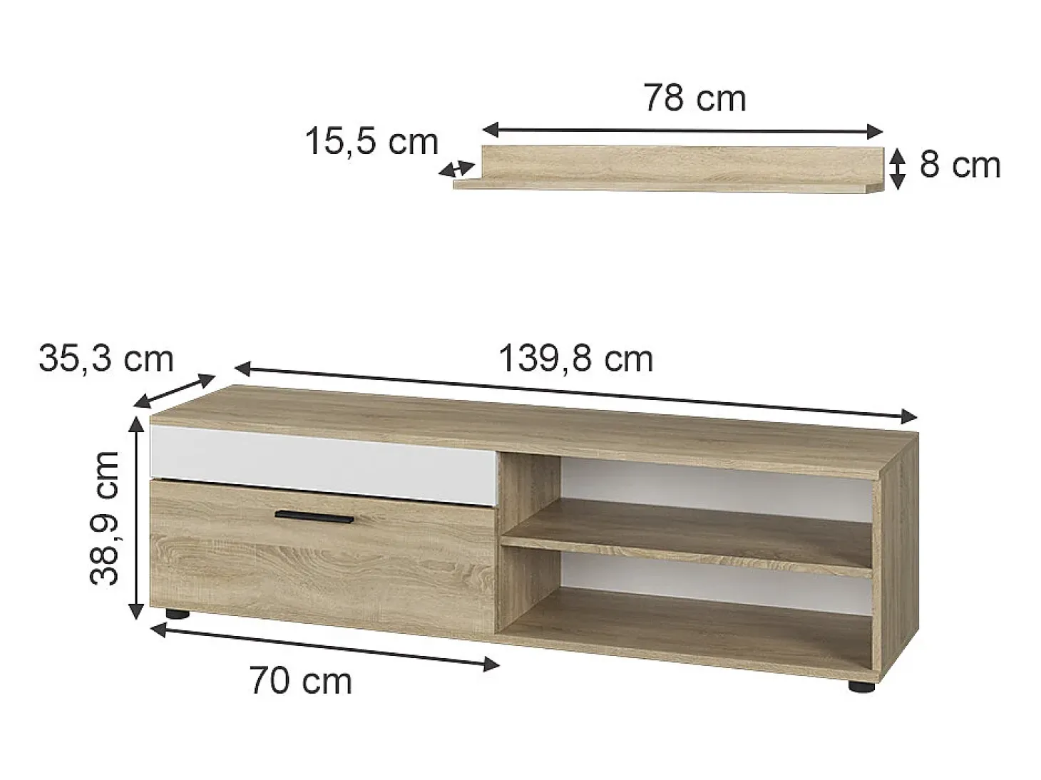 Lowboard & Regal sonoma/branco 139.8x35.3x38.9 berno