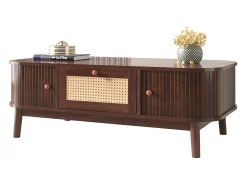 Mesa baixa de salão - decorada de rotin et de bois massif - estilo campagnard - castanho