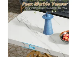 Mesa Baixa Moderna, Mesa de Coquetel de Falso Mármore com Base Geométrica, Mesa Auxiliar de Sofá Retangular, Branco e Dourado