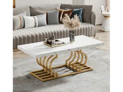 Mesa Baixa Moderna, Mesa de Coquetel de Falso Mármore com Base Geométrica, Mesa Auxiliar de Sofá Retangular, Branco e Dourado